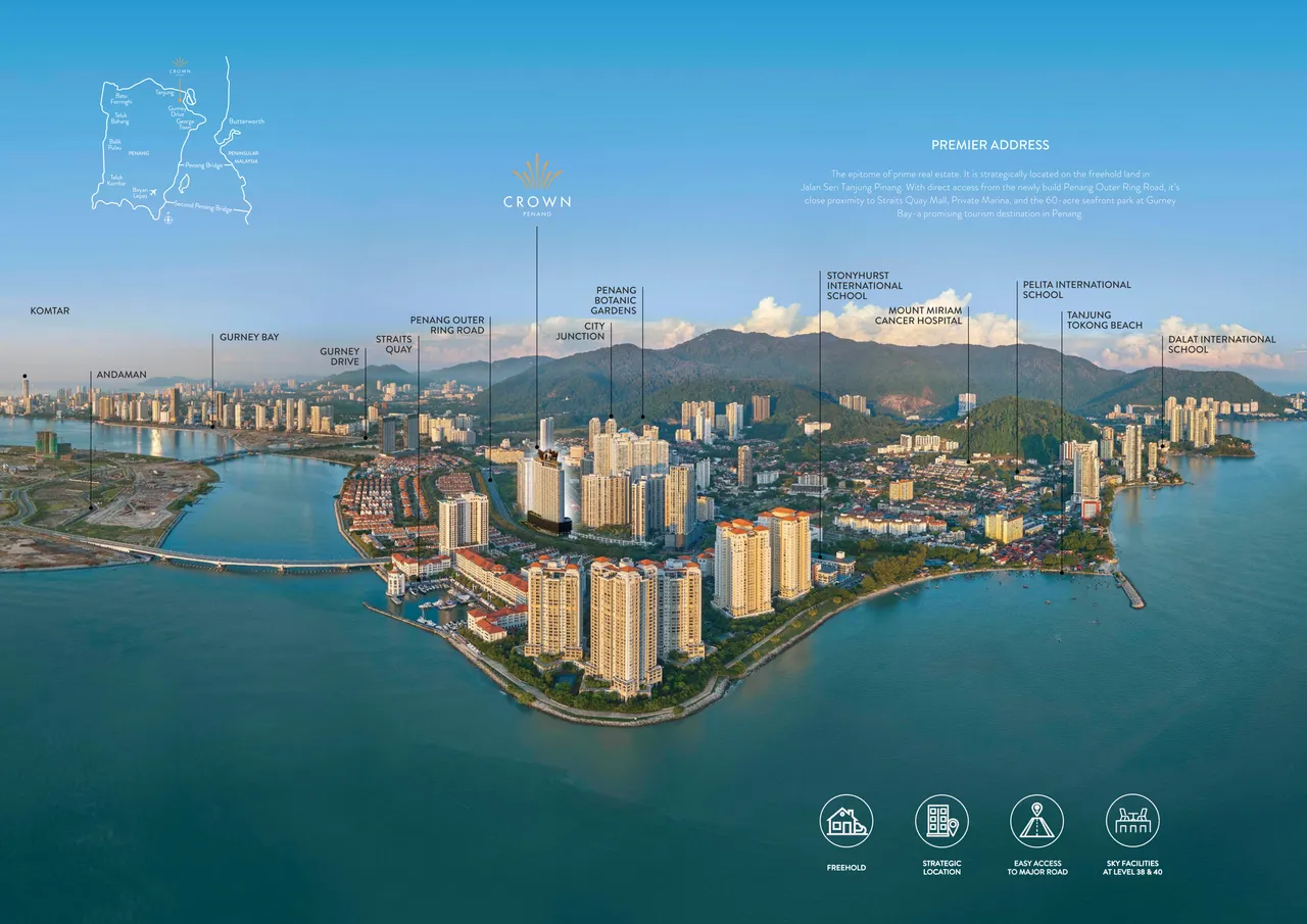 Aerial view of Crown Penang at Seri Tanjung Pinang with Gurney Bay, Straits Quay and Andaman Sea