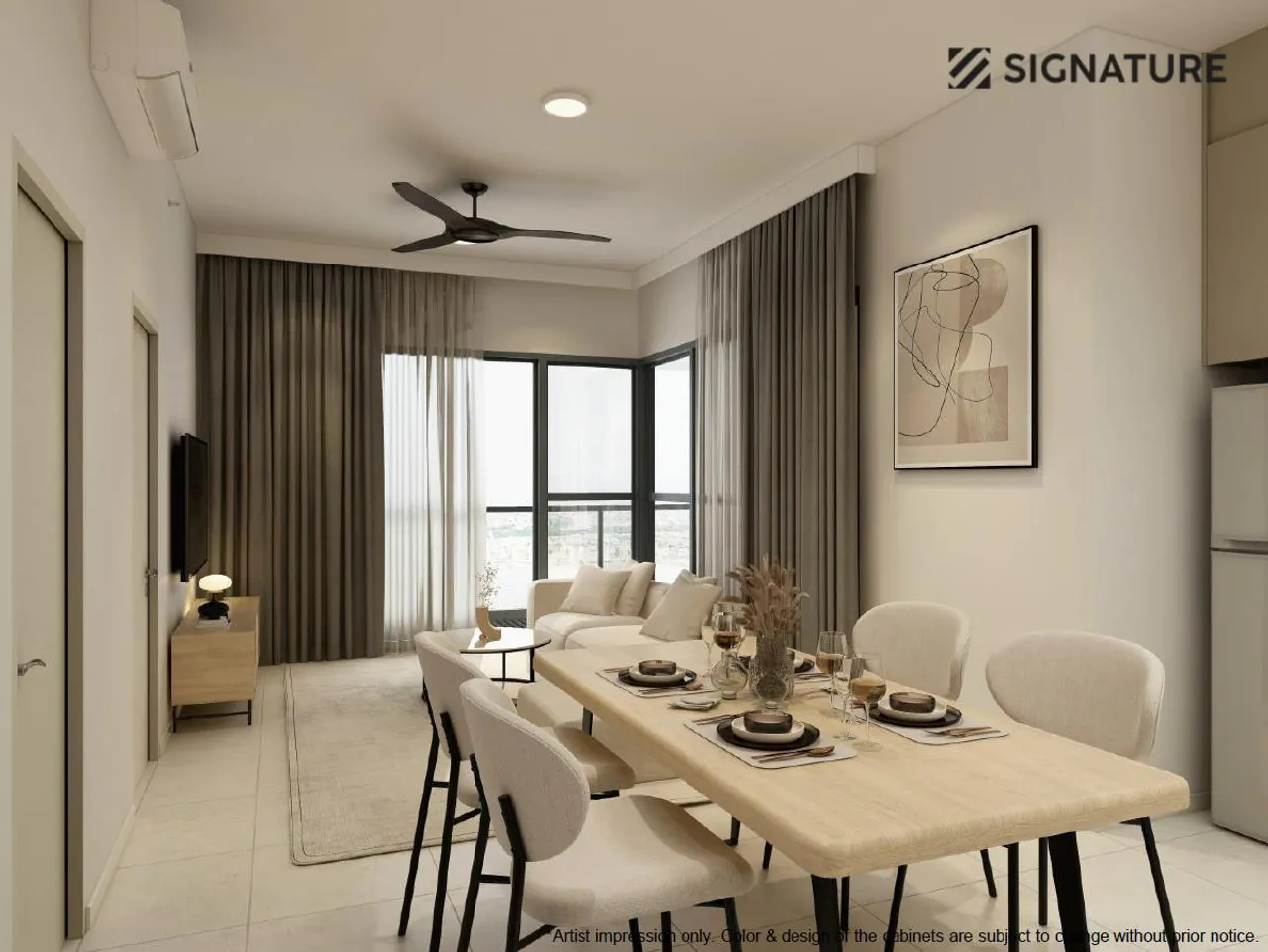 Crown Penang Type B furnished dining area with six-seater table and city view