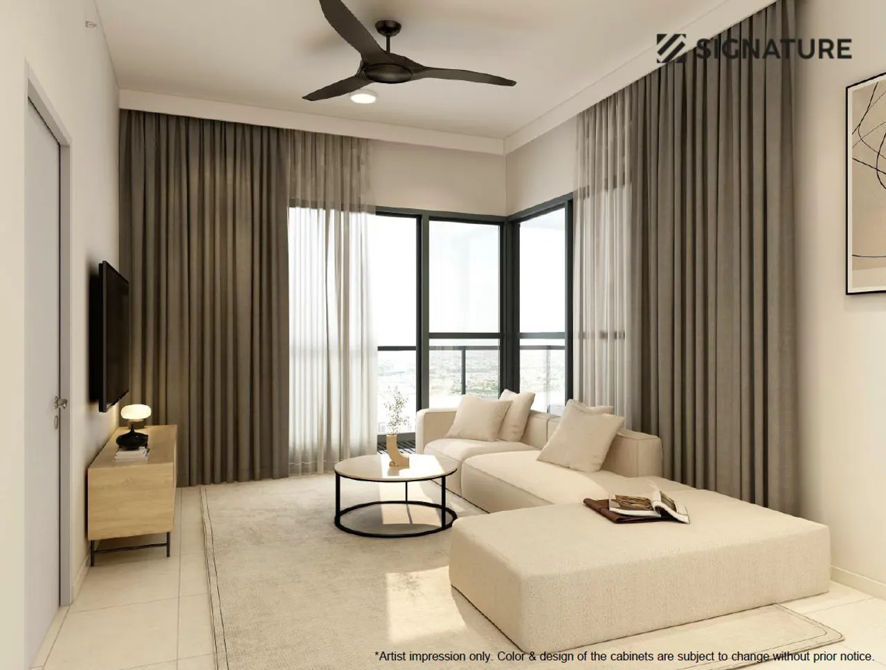 Crown Penang Type B living room from balcony angle with L-shaped sofa and TV console